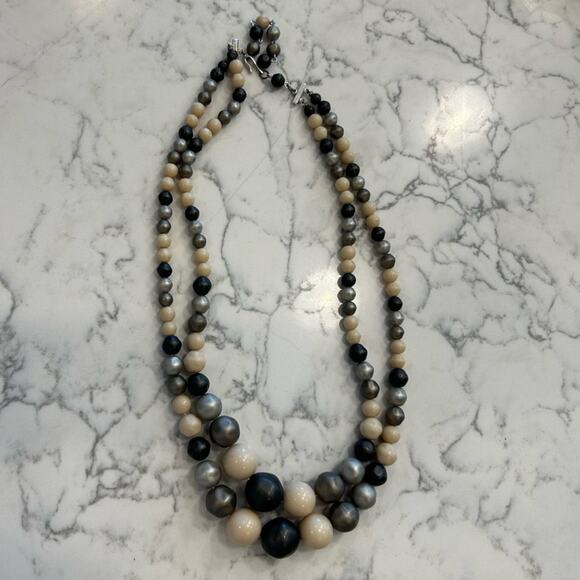 Vintage Gray Cream Double Layer Beaded Necklace - Picture 2 of 4